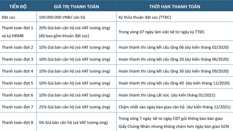 Tiến độ thanh toán khi đặt mua căn hộ The Matrix One cho người Việt Nam