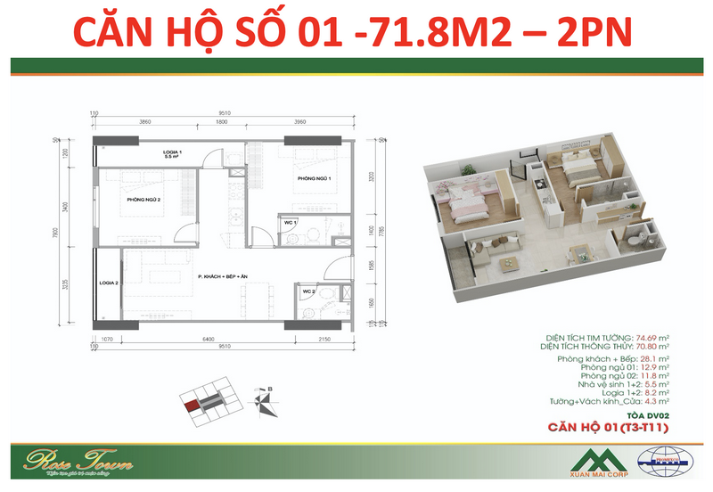 Căn hộ 71,8m2 - 2PN, 2WC, 1 Ban Công, 1 Logia Căn hộ 71,8m2 - 2PN, 2WC, 1 Ban Công, 1 Logia