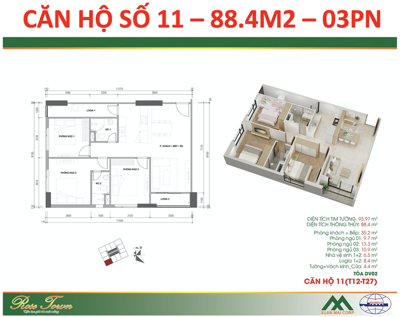Căn hộ 88,4m2 - 3PN, 2WC, 1 Ban công, 1 Logia Căn hộ 88,4m2 - 3PN, 2WC, 1 Ban công, 1 Logia