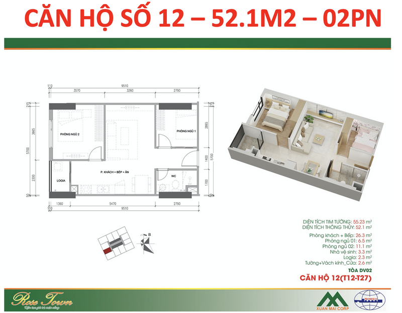 Căn hộ 52,1m2 - 2PN, 2WC, 1 ban công Căn hộ 52,1m2 - 2PN, 2WC, 1 ban công